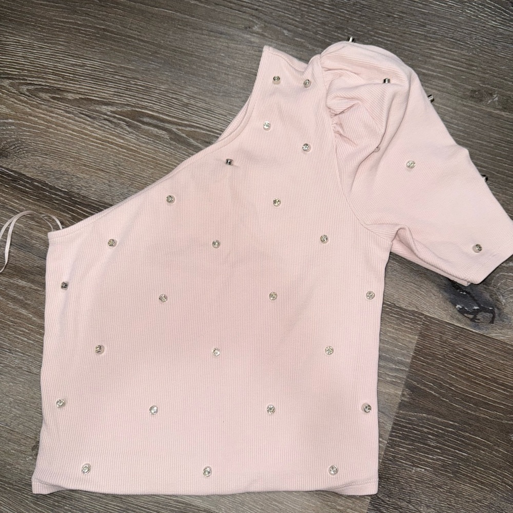 Express Light Pink One-Shoulder Top with Silver Accents